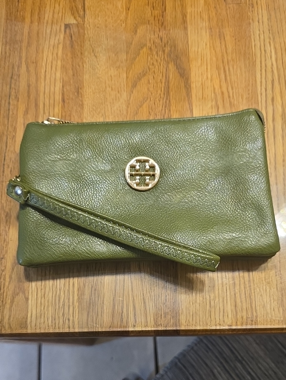 Tory Burch Olive Green Pebbled Leather Wristlet with Gold Logo